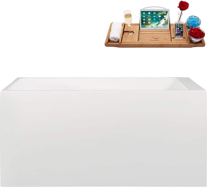Streamline 51 in. x 28 in. Acrylic Freestanding Soaking Bathtub in Glossy White with Brushed Gold Drain, Bamboo Tray