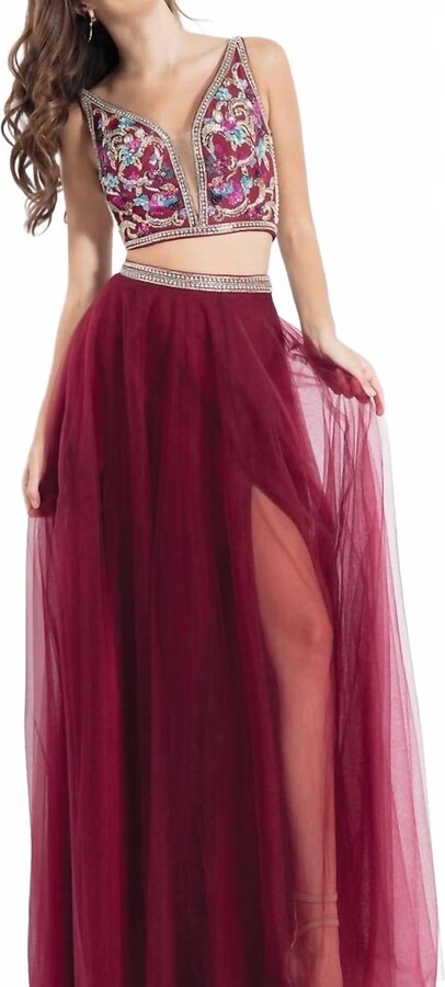 RACHEL ALLAN Two-Piece Sequin Tulle Evening Gown In Marsala