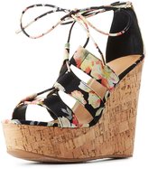 Thumbnail for your product : Charlotte Russe Bamboo Floral Lace-Up Wedge Sandals
