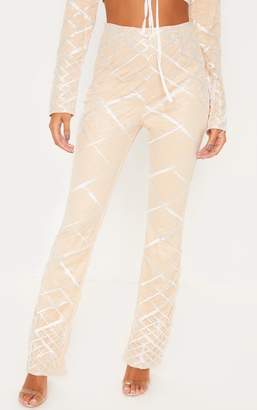 PrettyLittleThing Nude Embroidered Sequin Flared Trousers