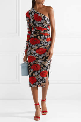 Diane von Furstenberg One-shoulder Ruched Floral-print Mesh Midi Dress