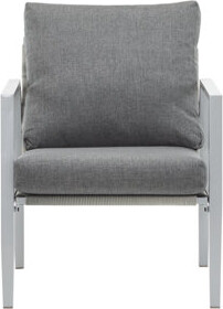 Ebern Designs Sleek silver aluminum lounge chair with rope accents and cushions, ideal for modern outdoor and indoor living spaces