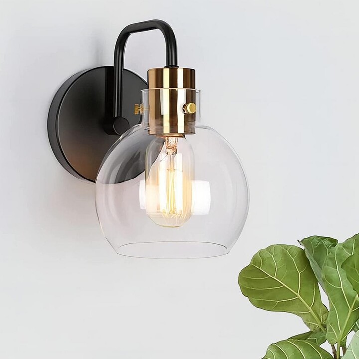 Zevni 1-Light Industrial Black Wall Sconce, Modern Bedroom Brass Wall Light, DIY Globe Clear Glass Bathroom Vanity Light