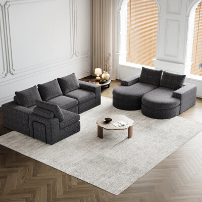 Orren Ellis 4 L-shaped Chenille Sectional With Chaise Cloud Curved For Living And Bedroom Six Modules No Assembly Double Cushion High Resilience Sponge Uphol