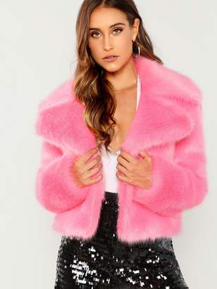 Shein Neon Pink Exaggerate Notch Collar Faux Fur Coat - ShopStyle