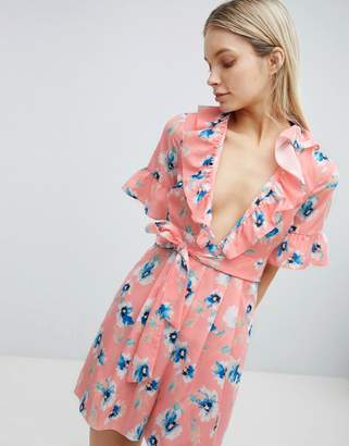 ASOS Design Tea Playsuit with Plunge Neck and Ruffle Detail