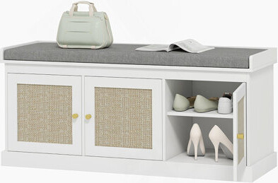 Shoe Storage Bench With Woven Rattan Doors, Shoe Bench With Cushion