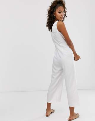 Missguided Tall linen culotte jumpsuit in white