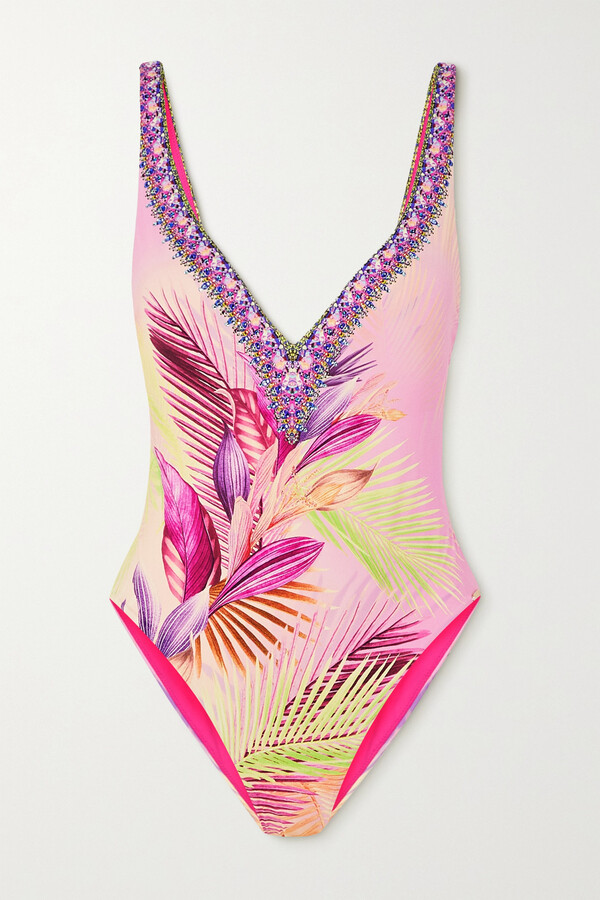Camilla Crystal-embellished Printed Recycled Swimsuit - Pink - ShopStyle