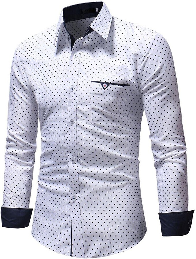 Black/White Men's Long Sleeve Polka Dot Shirt Casual Business Slim