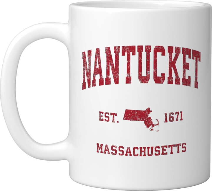 Nantucket Massachusetts MA Retro T-Shirts & Gifts Nantucket Massachusetts MA Vintage Sports Design Red Print Ceramic Mug, Blue/White