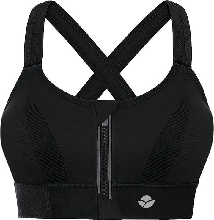 YIANNA Women High Impact Sports Bra Plus Size Zip Front Fastening Bras  Padded Adjustable Strap Wireless Running Yoga Top Black - ShopStyle