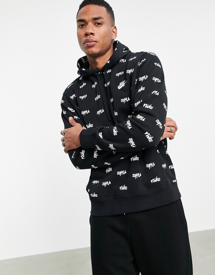 Nike Club all over logo print hoodie in black - ShopStyle