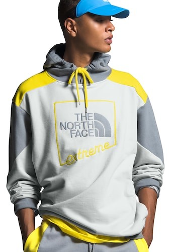 grey and yellow north face hoodie