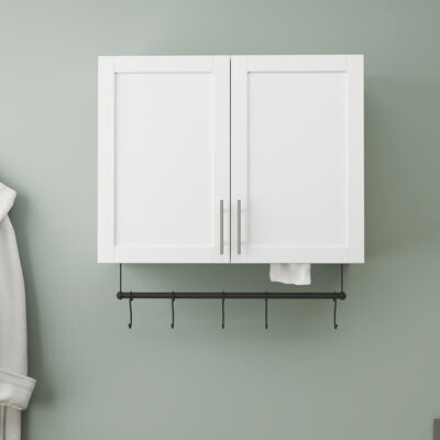 Lark Manor Bathroom Wall Cabinet with Adjustable Shelf Towel Bar 5 Hooks Over The Toilet Storage Cabinet for Bathroom Kitchen White