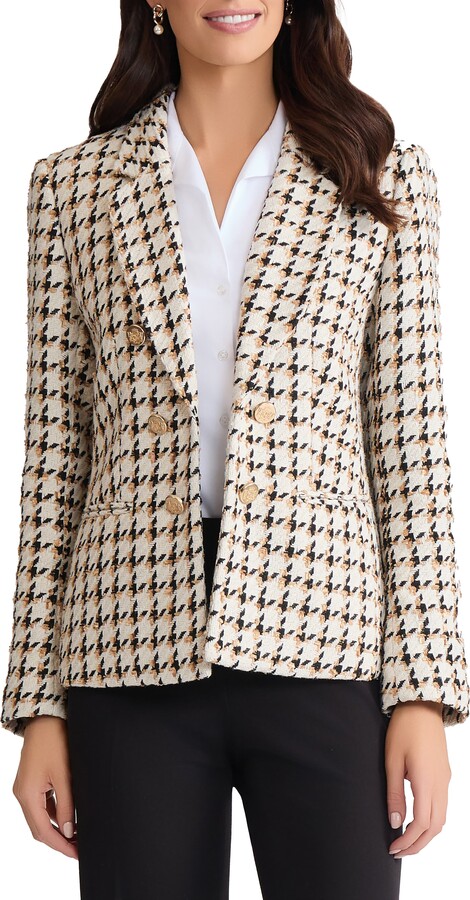 Jones New York Faux Double Breasted Houndstooth Tweed Jacket