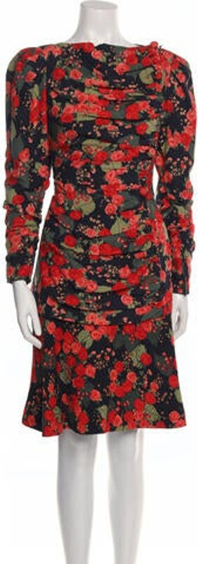 Arnold Scaasi Haute Couture Shift Dress Vintage From the 1990's Collection Black Floral Print Pleated Accents Three-Quarter Sleeve with Bateau Neckline Concealed Zip Closure at Front Includes Designer Shoulder Pads Size not listed, estimated from measurements.