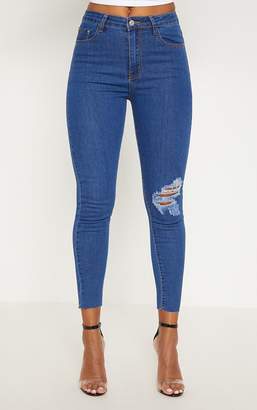 PrettyLittleThing Mid Wash Distressed Knee High Waisted Skinny Jean