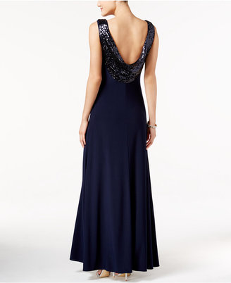 Betsy & Adam Sequined Cowl-Neck Scoop-Back Gown