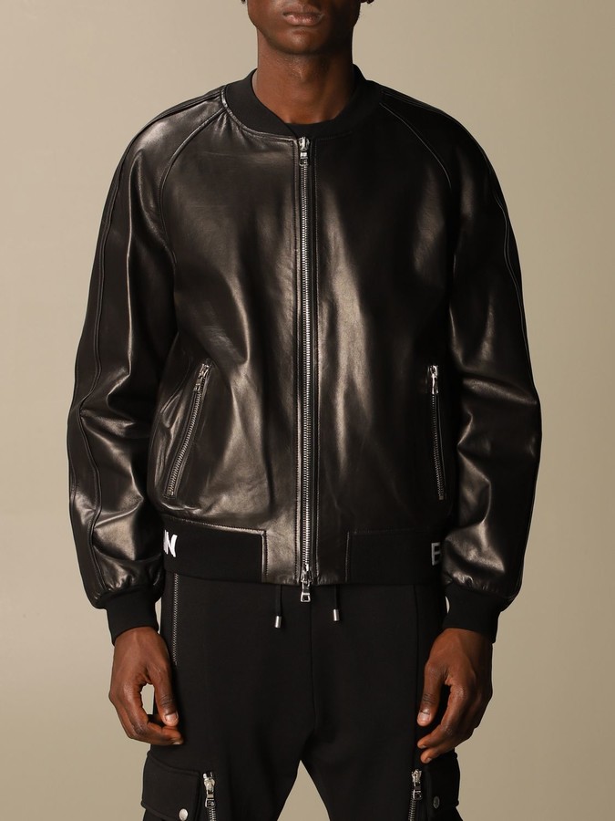 Balmain Leather Bomber Jacket With Logo Band - ShopStyle Outerwear