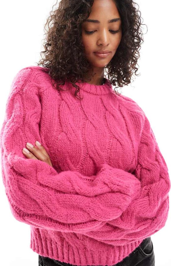 Pieces cable knit sweater in bright pink