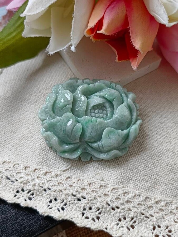 Light Green With Apple Vein Type A Grade Natural Jadeite Jade Fei Cui 3D Flower Pendant