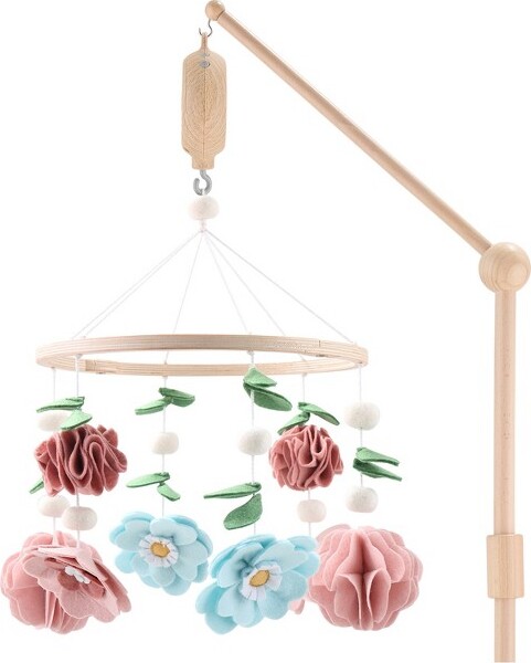 The Peanut Shell ThePeanutshellDeluxeWoodenCribMobileSetwithArm,MusicBoxandWildflowerBabyMobile,Pink