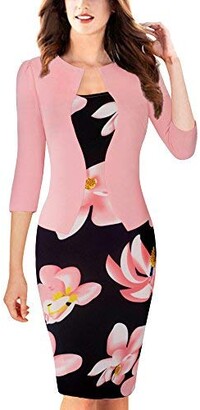 HOMEYEE Womens Vintage Hollow Out Contrast Color Stretch Business Dress B571