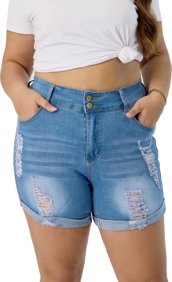 HUNGSON Plus Size Denim Shorts Women High Waisted Stretch Summer Jean