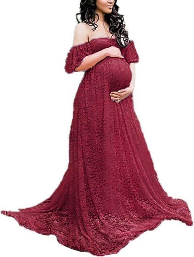 IMEKIS Women Pregnant Photo Shoot Dress Off Shoulder Wedding Chiffon Party Dress Maternity Long Sleeve Maxi Dress Photography Props 
