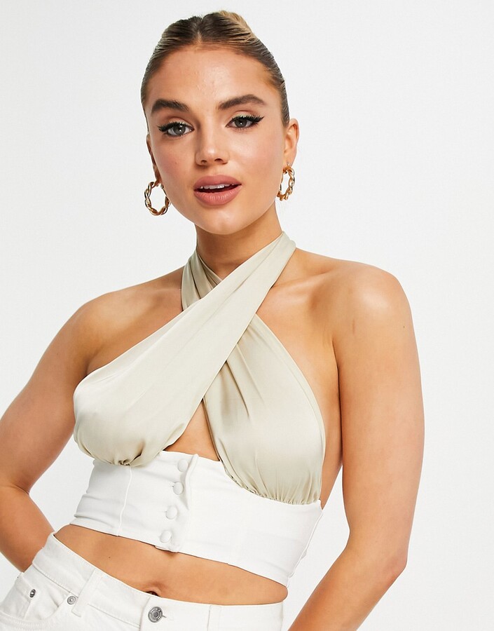 ASOS DESIGN halter cross neck crop top with button detail in light gold -  ShopStyle