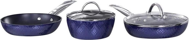 Amucolo 3-Piece Blue Stainless Steel Non-Stick Ceramic Cookware Set with Induction Fry Pan and Pot Saucepan with Lid