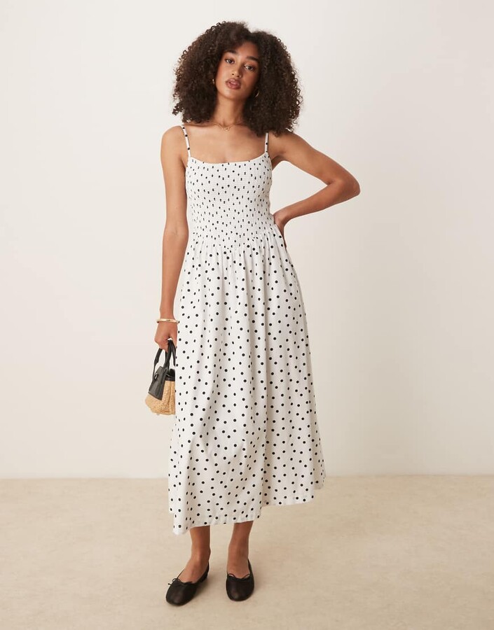 Abercrombie & Fitch dipped waist smocked poplin midi dress in polka dot