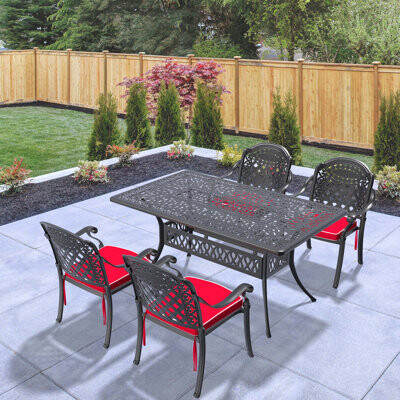 Astoria Grand 5-Piece Set Of Cast Aluminum Patio Furniture With Red Cushions(Same As W1710S00568)
