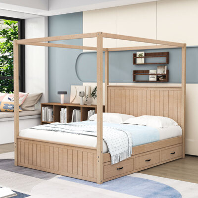 Queen Size Wooden Canopy Bed with Drawers and Twin XL Trundle