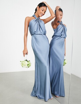 Blue Satin Halter Dress | ShopStyle