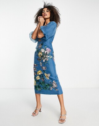 ASOS EDITION floral embroidered organza midi dress in steel blue