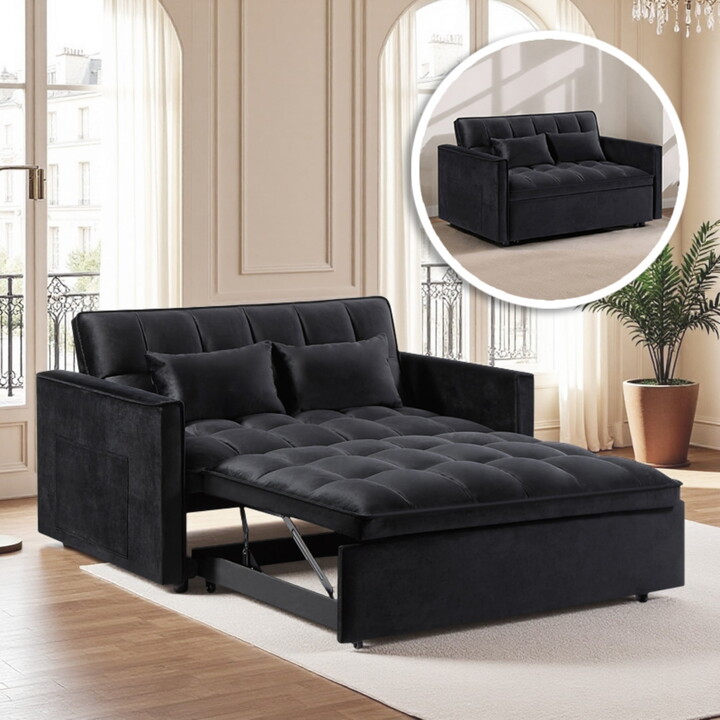 Gewnee 54" Modern Convertible Velvet Futon Sofa Bed with Pull-Out Sleeper and Adjustable Backrest, Loveseat Couch for Living Room or Office (Black)