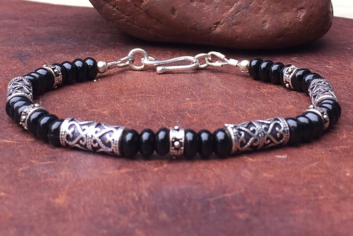 Etsy Mens Beaded Bracelet, Black Onyx, Sterling Silver, Gifts For Him, Simple Style, Classic, European Design, Mens, Husband, Boyfriend, Gift