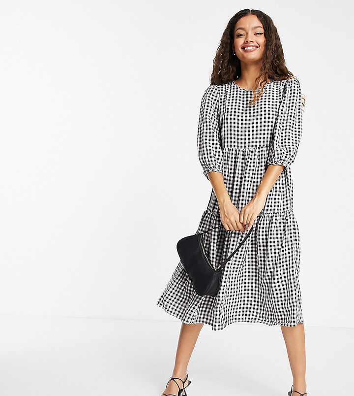 Urban Threads Petite tiered midi smock dress in gingham - ShopStyle
