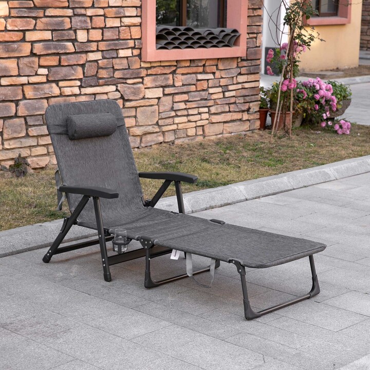 Outsunny Folding Chaise Lounge Chair, Mesh Fabric Lounge Chair, 7Reclining Position Sleeping
