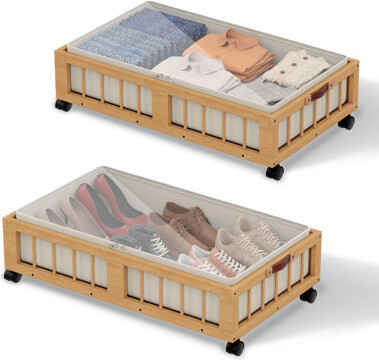 2-Pack Bamboo Under Bed Storage Containers With Wheels, Under Bed Clothes Storage Basket With Inner Bag, Rolling Underbed Storage For Bedroom, Dorm An