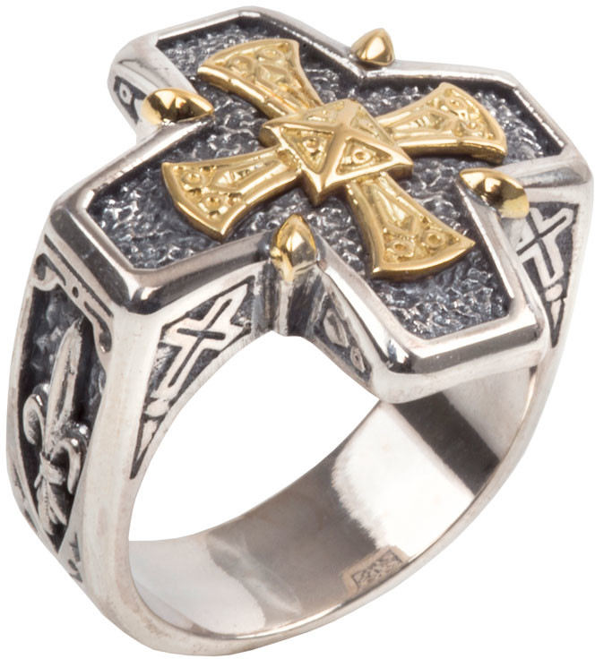 Men's Catholic Ring Latin Cross Crux Vera Two-Barred Gold Silver Steel ALL Sizes