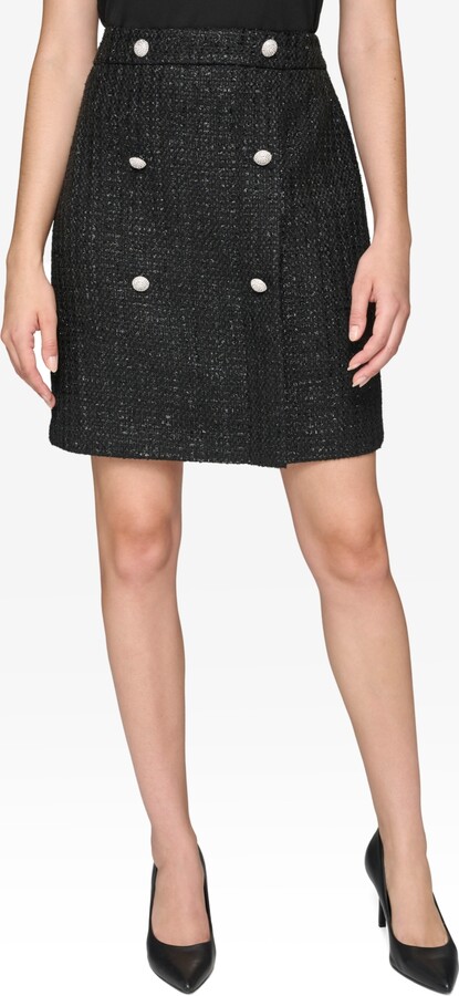 Karl Lagerfeld Paris Women's Faux-Wrap Button-Trim Tweed Skirt