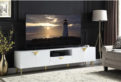 Latitude Run White Glossy Entertainment Center With 19.98 In. Product Height And Composite Wood Elegant Tv Console Metal Side Drawer Glide 2 Shelves Storage