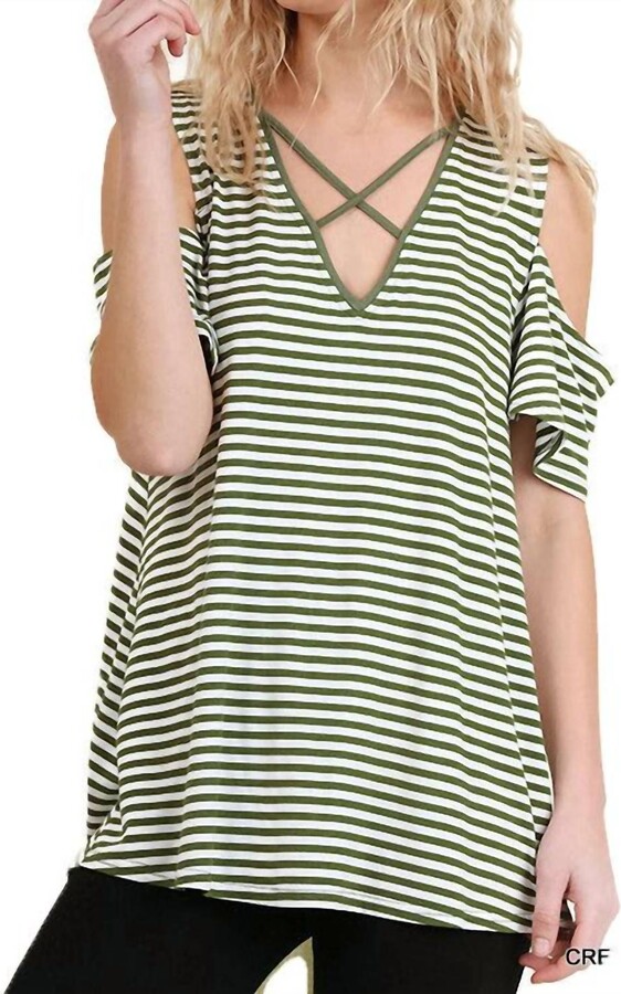 umgee Cold Shoulder Striped Top In Olive
