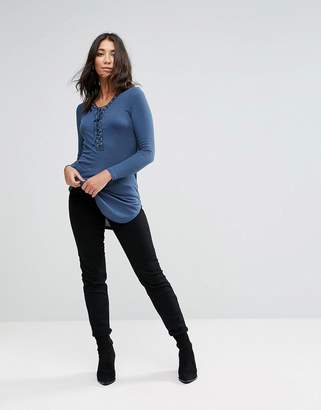 Brave Soul Longline Rib Top With Lace Up And Eyelet Detail