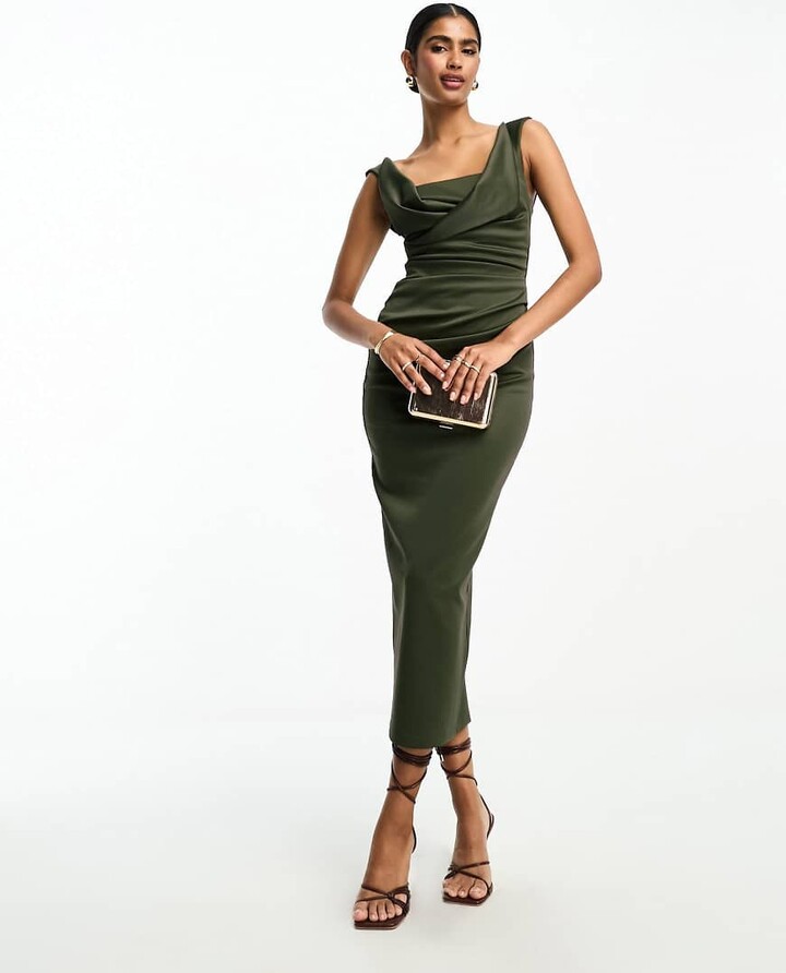 ASOS DESIGN square neck pleated bust midi pencil dress in green