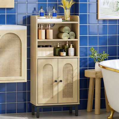 Red Barrel Studio Small Bathroom Floor Cabinet With 2 Doors & Adjustable Shelf Toilet Paper Storage 7.1X14.6X32.7 In Yellow