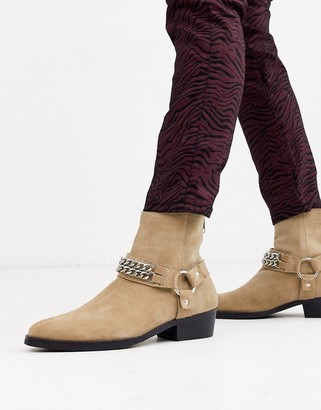 ASOS DESIGN Wide Fit cuban heel western chelsea boots in stone suede with buckle and chain detail
